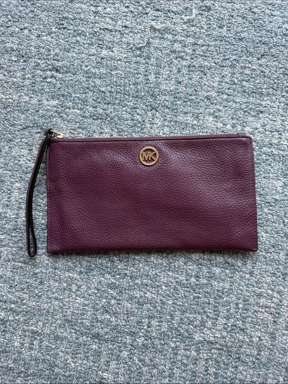 Michael Kors Plum Pebbled Leather Wristlet Clutch with Gold MK Logo